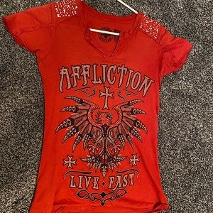 Affliction red shirt with rhinestones